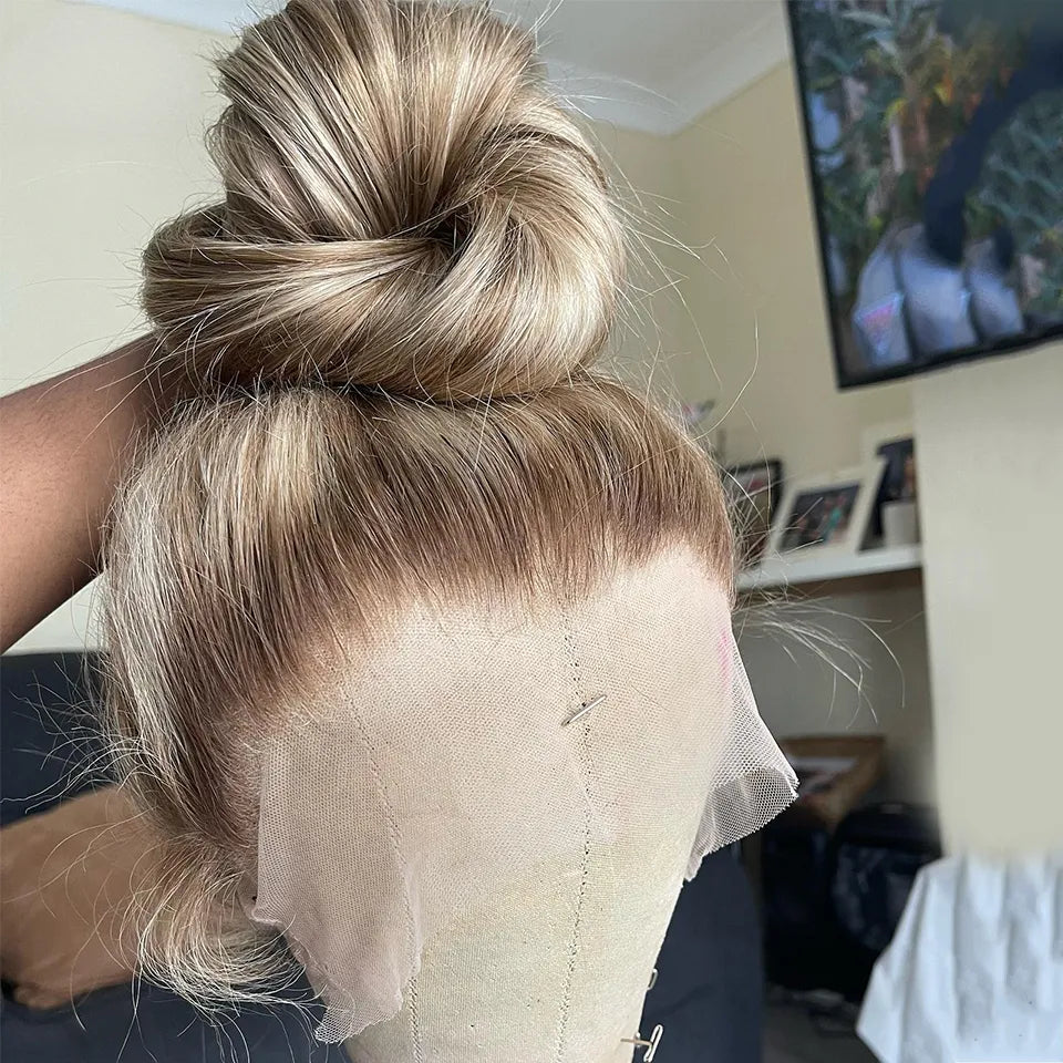 Peluca frontal de encaje Ombre ceniza rubia brasileña Pelucas de encaje para cabello humano Peluca prearrancada de encaje transparente HD Peluca frontal de encaje de 32 pulgadas