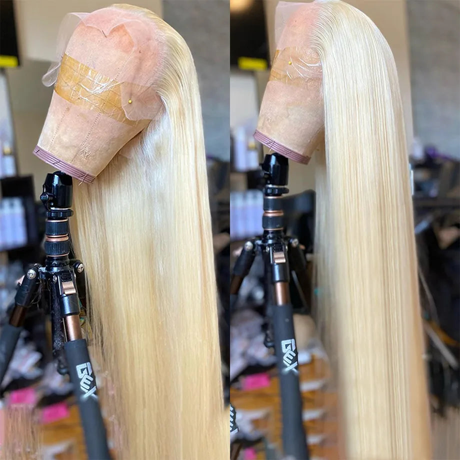 Peluca de cabello humano rubio liso de 32 pulgadas, densidad 180%, 13x6