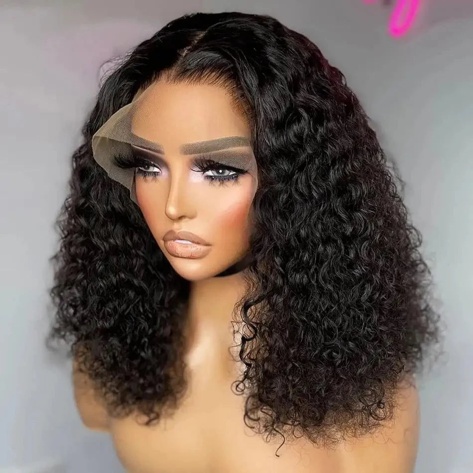 Peluca afro para mujeres negras, mezcla de cabello humano, frontal de encaje suizo, sin pegamento, rizado kinky 180%