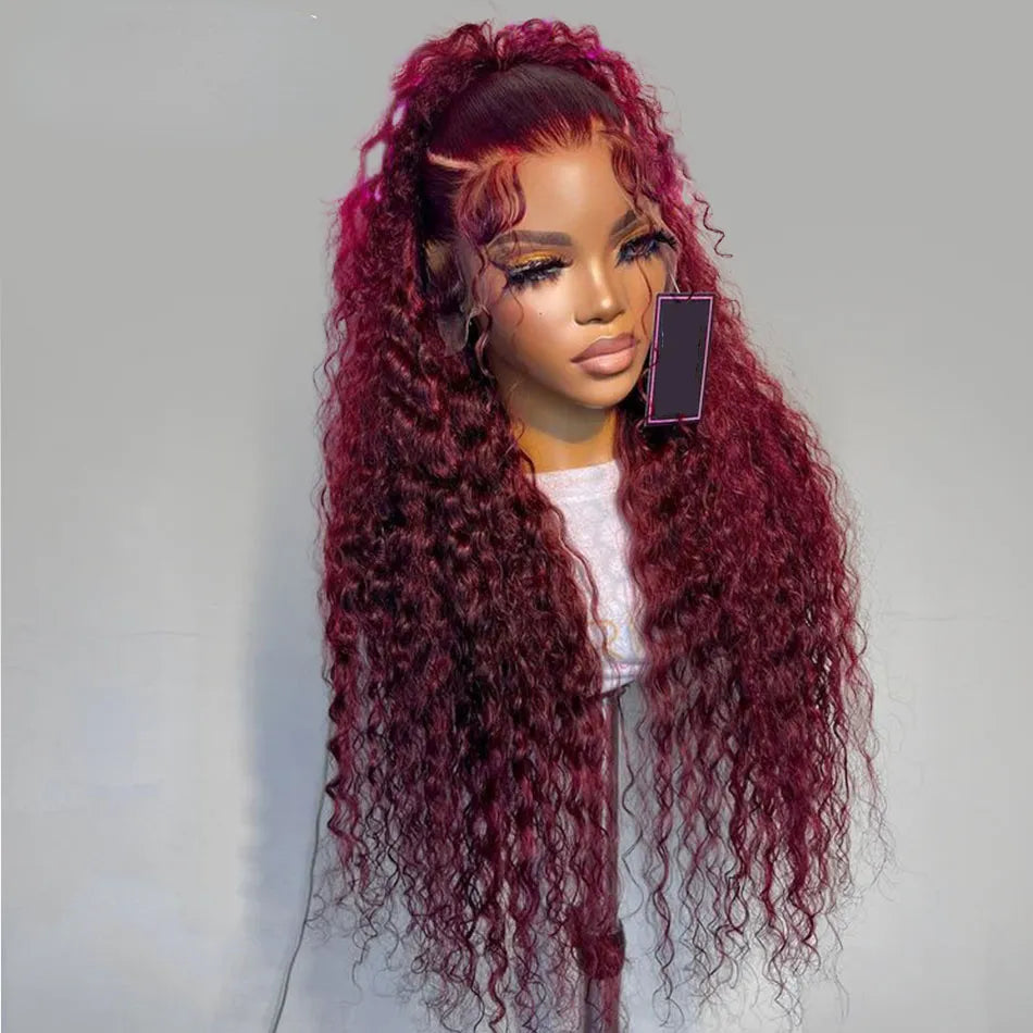 Peluca frontal de encaje 99J borgoña brasileña de 34 pulgadas con onda profunda, peluca frontal de encaje rizado rojo granate 13x4, pelucas de cabello humano sintético pre-depiladas.