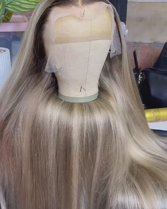 Peluca frontal de encaje Ombre ceniza rubia brasileña Pelucas de encaje para cabello humano Peluca prearrancada de encaje transparente HD Peluca frontal de encaje de 32 pulgadas